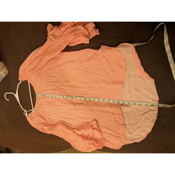 Cupid peasant style top w/white & orange pinstripe & ruffled trumpet sleeves L